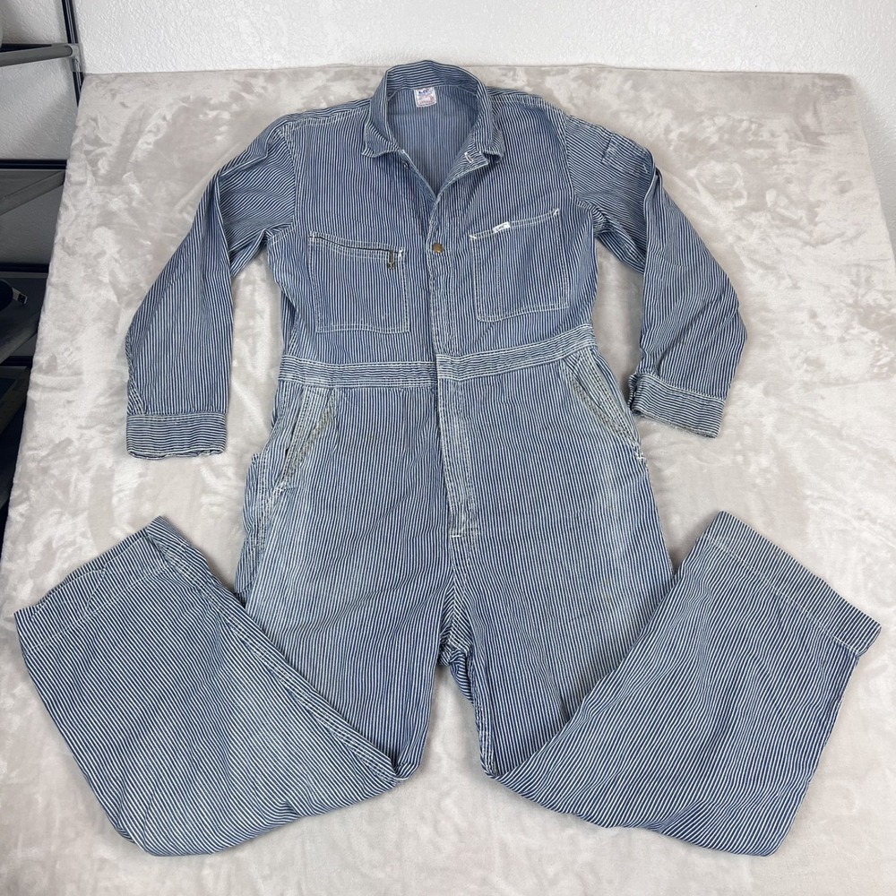Vintage Lee Union Alls Sanforized Size 38 Hickory Stripe Talon Zip Coveralls